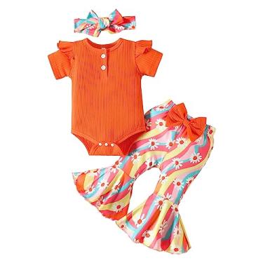 Imagem de Macaquinho infantil de manga curta com nervuras, estampa floral, calça de sino, roupas de verão, presente de bebê, Vermelho, 6-12 Meses
