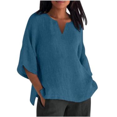 Imagem de Camisa feminina de linho 2024 plus size, gola V, cores sólidas, camisetas grandes para mulheres, camisas de manga 3/4, Azul, M