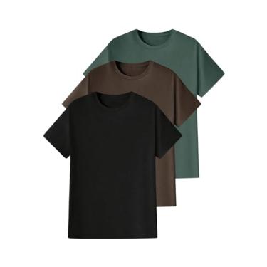 Imagem de SOLY HUX Conjunto de camisetas masculinas de manga curta de 3 peças, gola redonda, lisa, camiseta básica de verão, Verde, marrom, preto, P