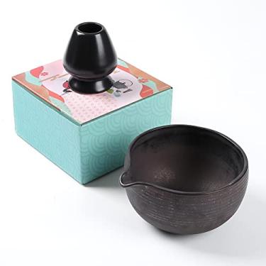 Imagem de ZENRC Tigela Matcha tradicional com bico de despejar e suporte para batedor (remodelador) - Kit de chawan de chá verde Matcha retrô feito à mão - 650 ml copo grande de salada para suco de mingau e descanso chasen (preto charmoing)