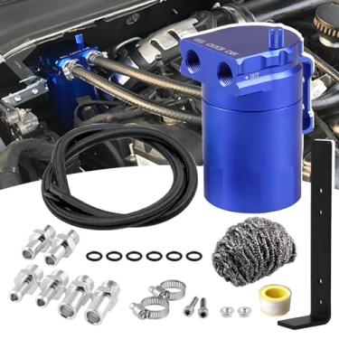 Imagem de RULLINE Kit universal de lata de captura de óleo com mangueira de combustível trançada atualizada, com suporte, tanque separador de óleo de ar de 350 ml para sistema PCV alumínio azul