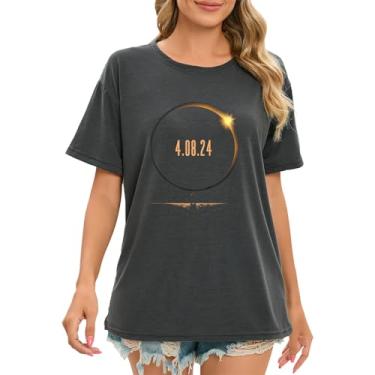 Imagem de Camiseta feminina PKDong Total Solar Eclipse 2024 com estampa gráfica divertida de eclipse de sol, camisetas femininas casuais soltas de verão, Z02 Cinza escuro, P