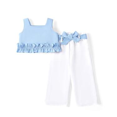 Imagem de PATPAT Conjunto de 2 peças de camiseta regata sem mangas com bainha plissada e calça com laço, Azul macio, 4-5 Anos