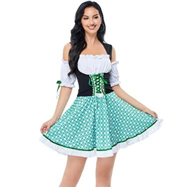 Imagem de Clearlove Fantasias femininas Oktoberfest plus size 2GG, vestido Dirndl alemão para xadrez bávaro, carnaval, Halloween, vestido plissado, verde, 2GG
