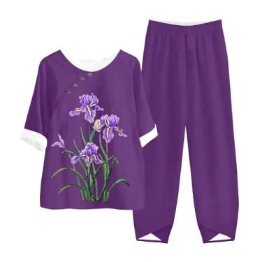 Imagem de Roupas de verão femininas 2024 linho 2 peças roxo conjuntos de manga curta Alzheimer camisas de treino de perna larga para idosos, Roxa, 5X-Large