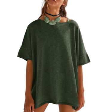Imagem de Tankaneo Camisetas femininas grandes casuais verão gola redonda solta manga curta fenda lateral blusa blusa tops, Verde militar, P