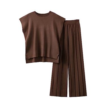 Imagem de VATEAMI Conjunto feminino de malha de 2 peças, pulôver, blusa de cintura alta, calça larga, Café, X-Small