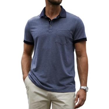 Imagem de Hardaddy Camisa polo masculina casual com bolso, cor contrastante, manga curta, para trabalho, camiseta de verão, Azul marinho, 3G