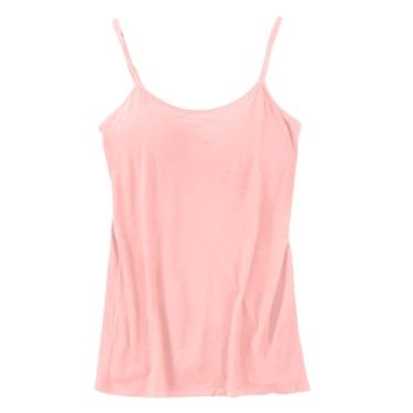 Imagem de Camisetas femininas com sutiã embutido em algodão, prateleira, sutiã, alças finas, alças finas, camiseta básica, rosa, GG