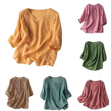 Imagem de Howstar Blusas de linho femininas 2024 verão boho elegante blusa casual bordada gola redonda plus size túnica manga cotovelo, A6 - Laranja, M