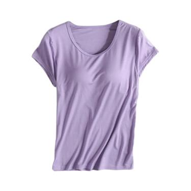 Imagem de Camisetas femininas de algodão, sutiã embutido, ioga, academia, treino, alças acolchoadas com sutiã de prateleira, Roxa, P