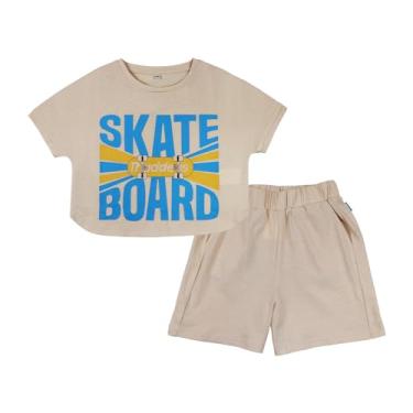 Imagem de Gorboig Conjunto de shorts de algodão, camiseta e shorts, casual, gola redonda, manga curta, roupa de brincar de verão para crianças de 10 anos, Skate bege, 10Y