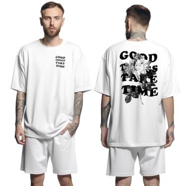 Imagem de Camisa Camiseta Oversized Streetwar Genuine Grit Masculina Larga 100% Algodão 30.1 Good Things Take Time - Branco - GG