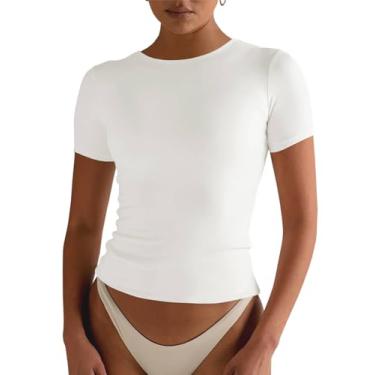 Imagem de Tankaneo Camisetas femininas slim fit com forro duplo de manga curta gola redonda elástica para treino, Branco, P