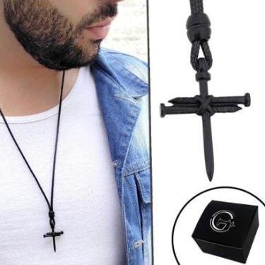 Imagem de Colar de Couro Ajustável Tradicional Designer Cruz Prego-Masculino