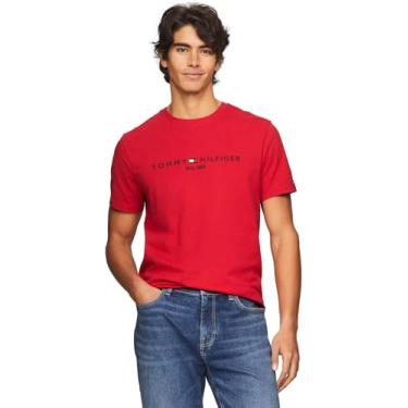 Imagem de TOMMY HILFIGER Camiseta masculina de modelagem regular com logotipo Tommy bordada gola redonda coleção 2024, Vermelho primário., GG