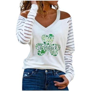 Imagem de Nagub Camiseta feminina St Patricks Day, manga comprida, gola V, verde trevo, ombros de fora, listrada, camisas elegantes túnicas, Shamrock Lucky, XXG