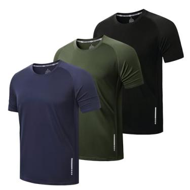 Imagem de ZENGVEE Pacote com 3 camisetas masculinas de malha atlética de malha com absorção de umidade e ajuste seco, Preto e verde marinho, GG