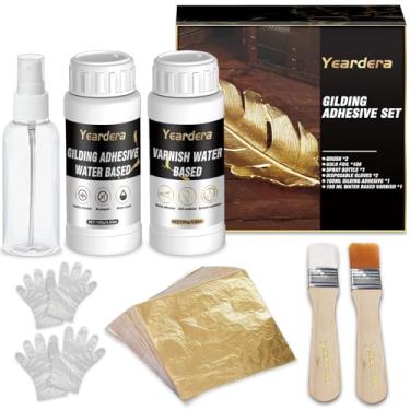 Imagem de Yeardera Kit de folha dourada, conjunto de adesivos dourados, adesivo à base de água de 100 ml e verniz de 100 ml com folha de ouro 100 peças, para artes, artesanato, pintura, móveis e decoração