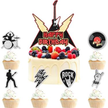 Imagem de 7 PCS Rockin' Happy Birthday Cake Toppers Set-Rockin' Music-Themed Birthday Party, Rock Star Band Party, or Baby Shower Party Guitar, Bass, and Pick Decorations That Boys and Girls Will Love-LIANGSS
