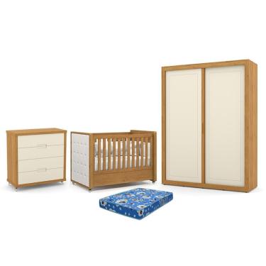 Imagem de Dormitório Tutto New 2 Portas, Cômoda 4 Gavetas e Berço com Capitonê e Colchão Physical - Matic Móveis