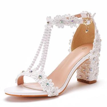 Imagem de Pearls Lover Sandálias femininas elegantes de 7,6 cm de salto alto para banquete, sapatos de casamento, sapatos de festa de renda branca C07YLYM, Branco, 37