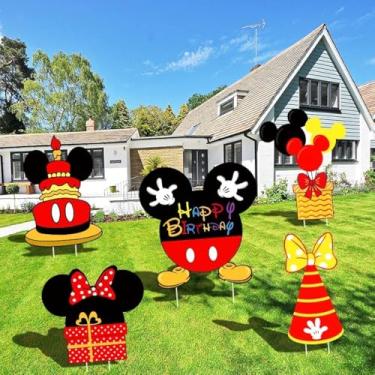 Imagem de 5 peças de artigos de festa de aniversário do Mickey para mouse, placa de jardim grande de desenho animado Mickey Yard decorações de aniversário, decorações de festa de aniversário infantil