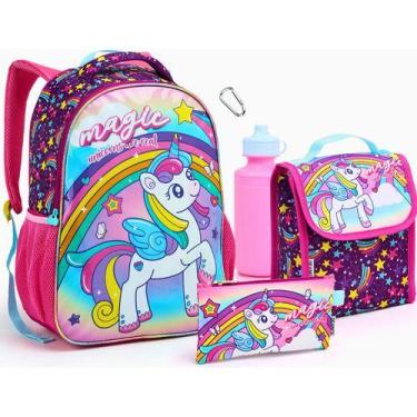 Imagem de Kit Mochila Escolar Infantil Feminina Lancheira Estojo Garrafa Unicórn