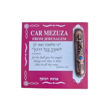 Imagem de Mezuzá judaica para carro bronze com pedra azul clara de Jerusalém com bênção de oração de viajantes de Israel