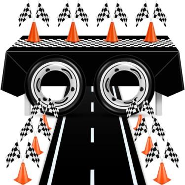 Imagem de Remagr 24 peças de artigos de festa de carro de corrida incluem cones de trânsito, bandeira quadriculada, bandeiras de corrida, toalha de mesa quadriculada, tapete de corrida, tubo de pneu, anel de