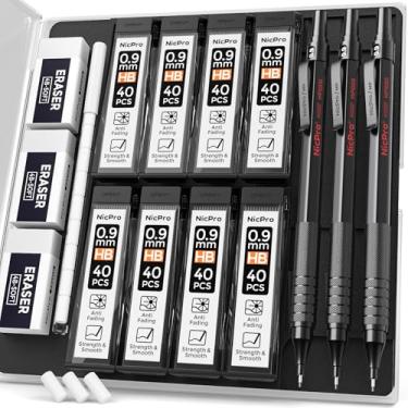 Imagem de Nicpro Conjunto de lapiseira de metal 0,9 com estojo, 3 peças de lápis preto MP1000 de 0,9 mm, 8 refis de grafite HB de tubos, 3 borrachas, refis de borrachas para escrita de artistas, desenho, esboço