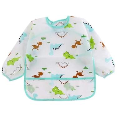 Imagem de Babador Manga Longa Impermeável Cata Migalhas - Dinossaurios - Marrom/Verde/Azul