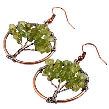 Imagem de Nupuyai Brincos pendentes de árvore da vida, brincos de gancho com pedras causadas para mulheres Verde