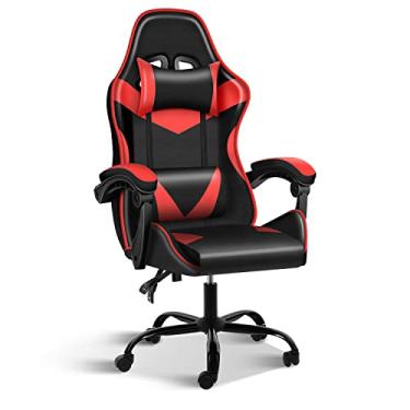 Imagem de YSSOA Encosto e assento com altura ajustável giratória reclinável corrida escritório computador cadeira de vídeo game ergonômica, vermelha/preta