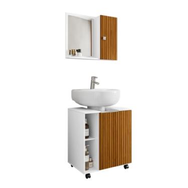 Imagem de Armário Para Banheiro Kit Completo Gabinete Para Pia De Coluna Com Rodízios Pequin E Armario Espelheira Gênova (Branco/Ripado)