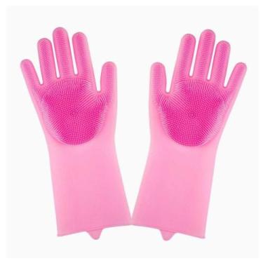 Imagem de Par De Luvas Com Esponja Silicone Lava Louças Multiuso Rosa - BCS