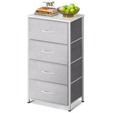 Imagem de AODK Cômoda para quarto com 4 gavetas de armazenamento, cômoda pequena cômoda de tecido com estrutura de aço resistente, cômoda para armário com tampo de madeira, cinza claro