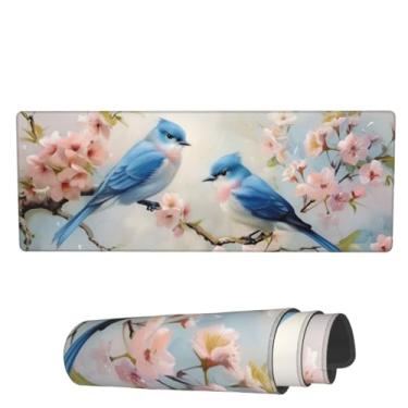 Imagem de Mouse pad para jogos Cherry Blossom Bird GG fofo rosa azul floral estendido grande mousepad 70 x 29 cm tapete de mesa com base antiderrapante e borda costurada para jogos em casa, escritório