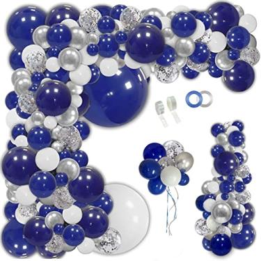 Imagem de JULLIZ Kit de guirlanda de balões prateados azul marinho 145 peças, azul royal, prata, branco, confete para decoração de sala de aula para festa de formatura, casamento, aniversário