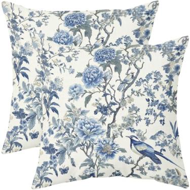 Imagem de Capas de almofada chinoiserie floral azul 45,7 x 45,7 cm, conjunto de 2 pássaros, flores de peônia, estampa branca, almofadas decorativas para ambientes externos rústicos para casa de fazenda, capa de