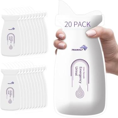 Imagem de TRAWOLF Pacote com 20 sacos de mictório descartáveis, 700 ml sacos de xixi de acampamento portáteis para emergência, viagens, acampamento, condução, engarrafamento, caminhadas, mictório de viagem para homens mulheres crianças pacientes