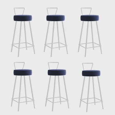 Imagem de Kit 06 Banqueta Alta Com Encosto Tais Eiffel Cozinha Bar Bistrô Ferro Branco Corino Azul Marinho - Ahz Móveis