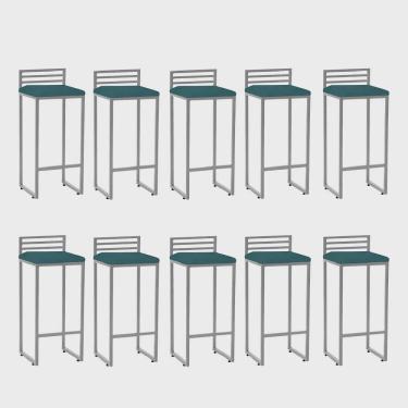 Imagem de Kit 10 Banqueta Alta Com Encosto Núria Balcão Bar Cozinha Bistrô Ferro Cinza Suede Azul Turquesa - Ahz Móveis