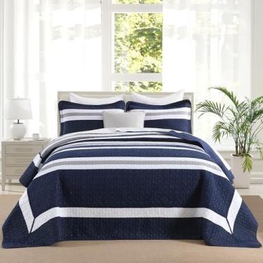 Imagem de Finlonte Colcha azul marinho tamanho king grande 304,8 cm x 304,8 cm - conjunto de colcha de cama listrada 100% algodão, colcha de cama leve acolchoada, colcha queen grande moderna com 2 fronhas, azul