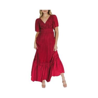 Imagem de Vestido Maxi Feminino De Renda Com Decote Em V Com Babado Manga Curta 