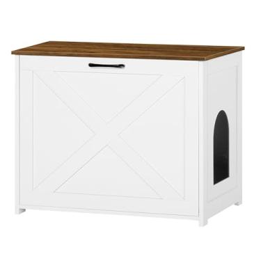 Imagem de Dwanton Caixa de areia para gatos oculta, caixa de areia para gatos, entrada reversível pode ser do lado esquerdo ou direito, armário interno, banheiro de madeira, mesa de cabeceira, branco e marrom