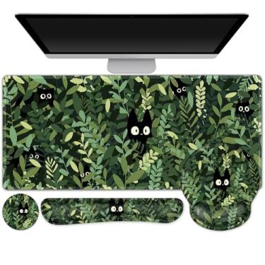 Imagem de Tapete de mesa grande, tapete de mouse para jogos de gatos de anime, protetor de mesa, mousepad XXL + descanso de pulso para teclado + descanso de pulso do mouse + conjunto de porta-copos com almofada