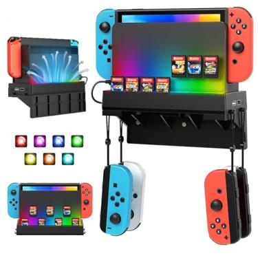 Imagem de YUANHOT Suporte De Parede Para Nintendo Switch E Oled, Jogos Com Luz, Prateleira Console Dock Carregamento, 7 Compartimentos Cartões Jogo, Kit Acessórios 4 Controles Compatível Joy-Con