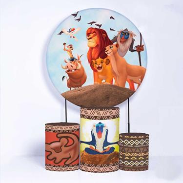 Imagem de Kit Painel de Festa Redondo de 1,80m e Trio de Cilindros Rei Leão - Fera Print