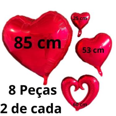 Imagem de Kit 8 balões coração metalizado dia Bexigas Vermelhas Corações - 70P
